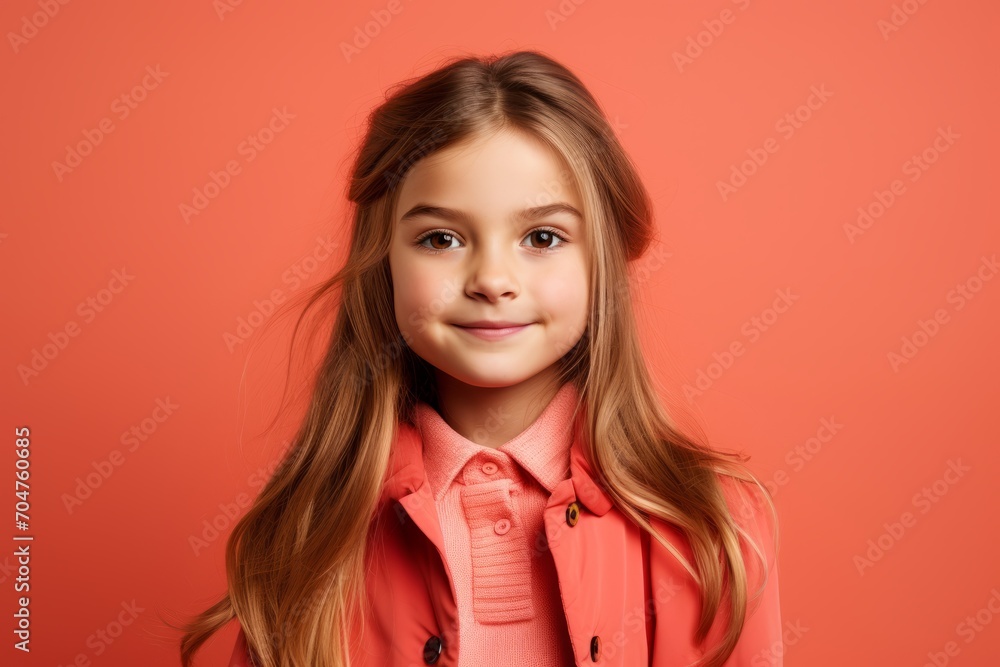 Portrait of a smiling little girl in a pink jacket on a red background. Portrait of a smiling little girl in a pink jacket on a red background.