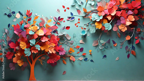 Colorful two-tree with vibrant leaves hanging branches illustrates a blue background. Floral tree with multicolor leaves. Bright color 3d abstraction wallpaper for interior mural painting wall art, AI