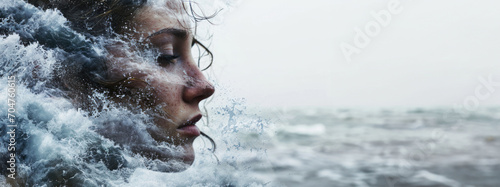Woman's face merging with crashing waves, a metaphor for emotional turmoil.
