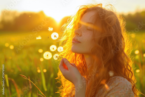 Beautiful girl blowing dandelion in green field
