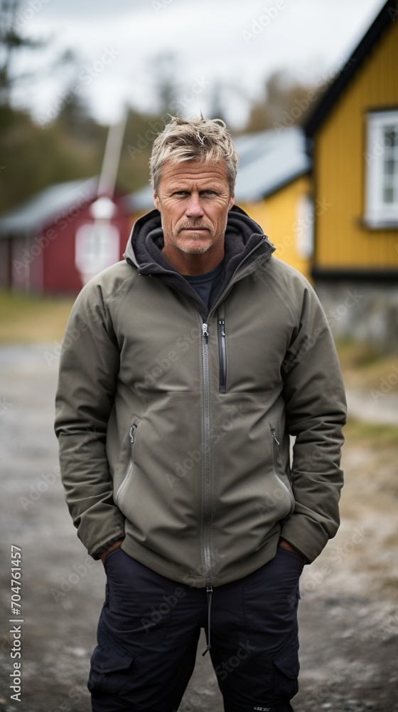 Portrait of a man in a green jacket standing in front of colorful houses Portrait of a man in a green jacket standing in front of colorful houses