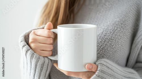 Closeup of young woman's hands holding a small white unmarked coffee mug. Wearing grey sweater, winter season drink. 