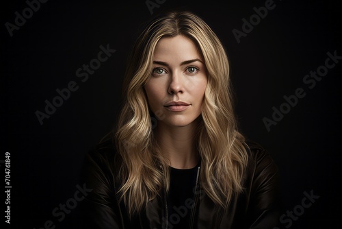 Portrait of a beautiful young woman with long blond hair on a dark background