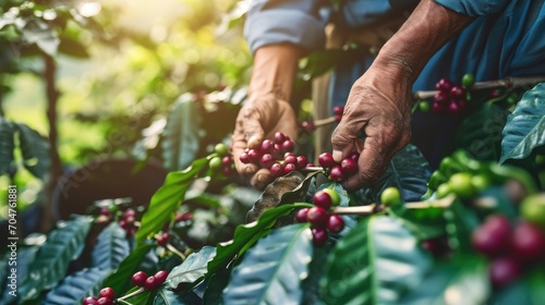 Worker Harvest arabica coffee berries on its branch,Agriculture economy industry business, health food and lifestyle  photo