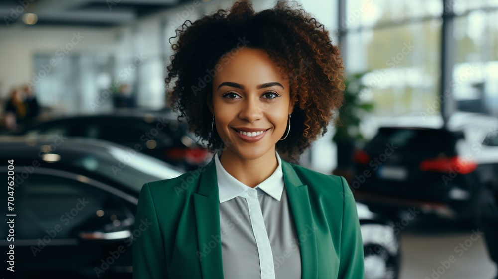 Confident young African American businesswoman standing in car dealership showroom Confident young African American businesswoman standing in car dealership showroom