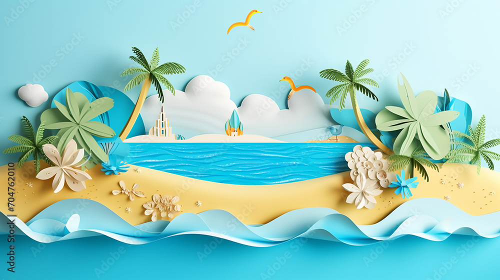 summer design with paper cut beach island with summer elements in blue sky background