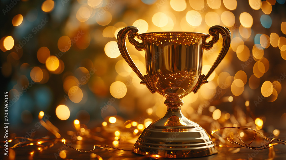 Gold trophy against sparkling gold blurry background. Gold trophy against sparkling gold blurry background.