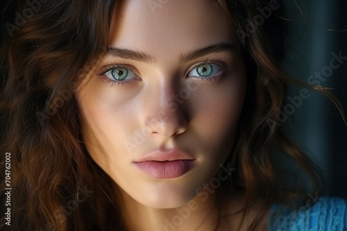 Portrait of a young woman with green eyes and brown hair