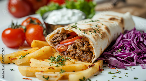 Beef burrito with french fries and other condiments on a plate. 