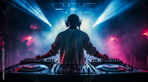 Close up of DJ hands controlling a music table in a night club, Dj and music, Dj controller with headphones on top of it, dj mixing music, Ai generated image 