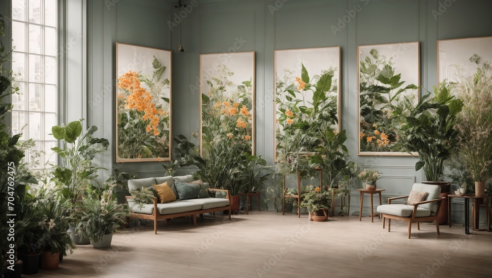 A gallery arrangement of botanical illustrations, bringing the beauty of nature indoors Generative AI