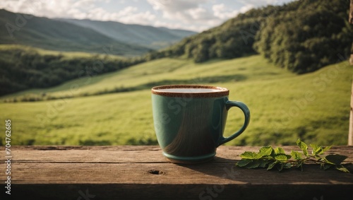 A rustic coffee cup in a serene countryside setting, surrounded by nature Generative AI