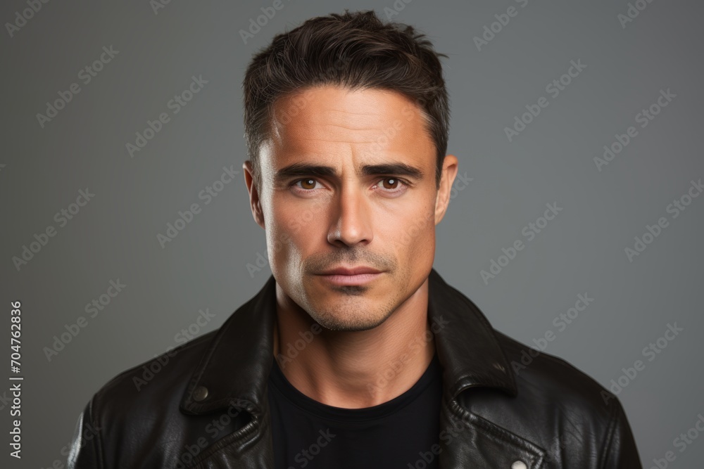 Portrait of a serious young man in leather jacket over grey background.