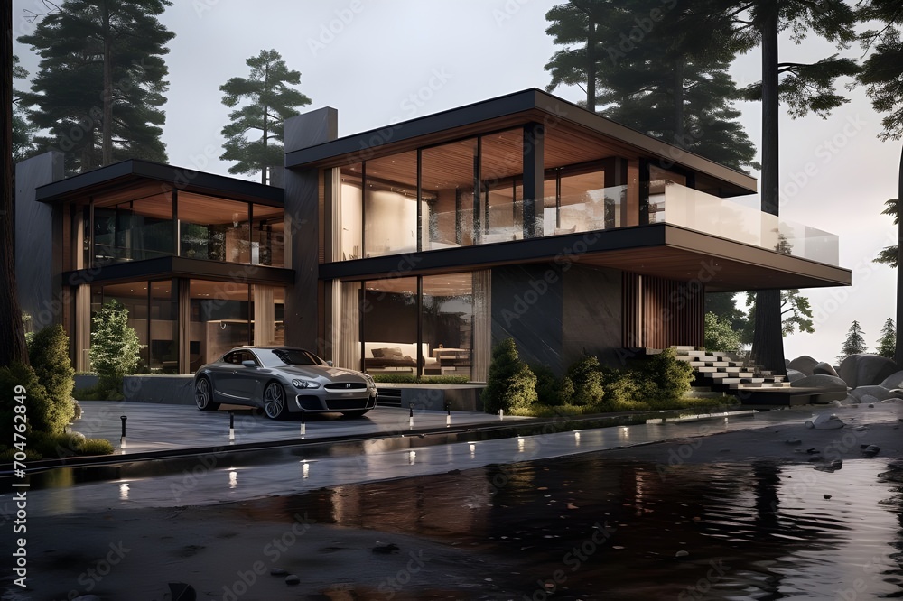 A modern house in front of the lake