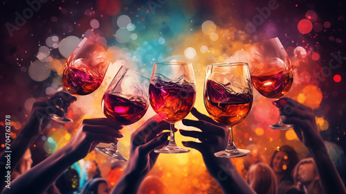 Happy friends having fun and toasting sparkling wine glasses close-up against golden bokeh lights background, hands cheering glass of wine party, Ai generated image