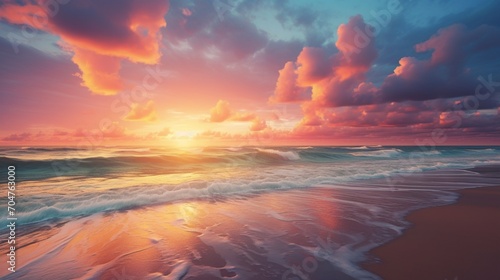 A dreamy beach sunset, with the sky ablaze in warm pastel tones