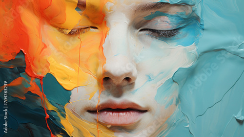 A close-up of a face painted with bold strokes in a splash of emotions, capturing the transient nature of feelings.