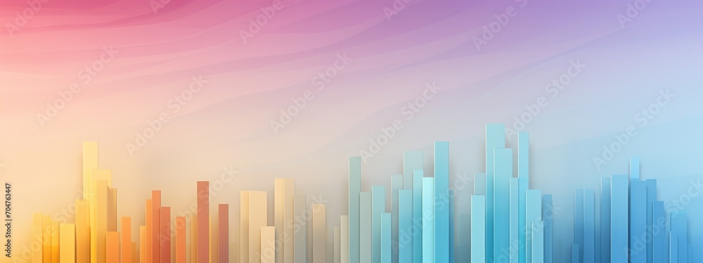  A radiant gradient background transitions from warm peach to cool blue tones, overlaying an abstract city skyline silhouette.