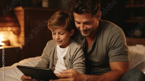 Father and son bonding over a digital tablet