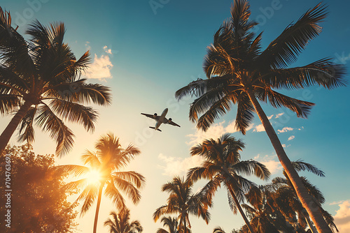 Airplane flying above palm trees in clear sunset sky with sun rays. Concept of traveling, vacation and travel by air transport. Beautiful sky background
