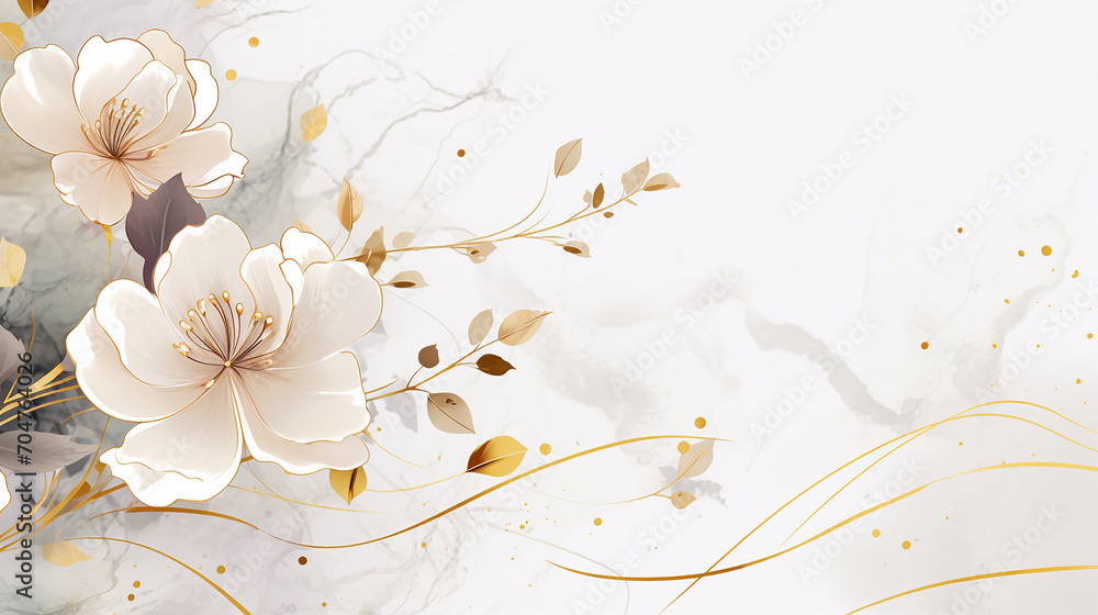 floral background with marble pattern. Watercolor Ivory background with elements of gold splashes. Great for backgrounds, websites, postcards, invitations, banners, brochures, brochures