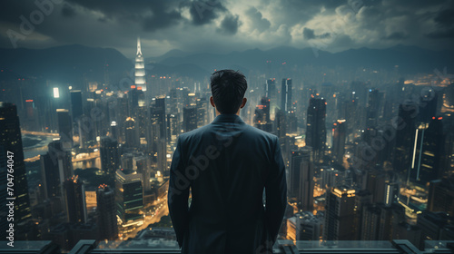 Un homme d'affaires en costume au sommet d'un building, symbole de leadership, de réussite, de succès et d'accomplissement	