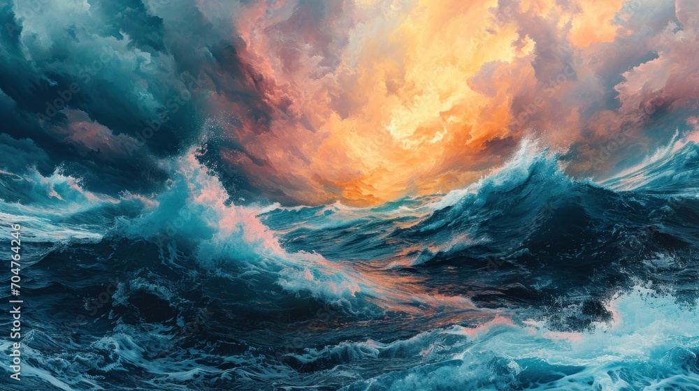 Surging waves under a fiery sky capture the fierce and passionate energy of profound emotional experiences.