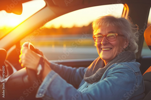 Beautiful senior happy smiling woman driving her new car at sunset © Kien