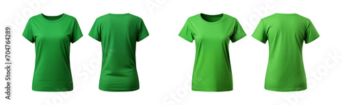 realistic set of female green t-shirts mockup front and back view isolated on a transparent background, cut out