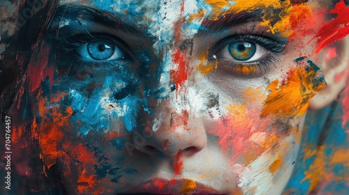 Eyes reflect a tumult of colors, capturing the swirling complexity of emotions within.