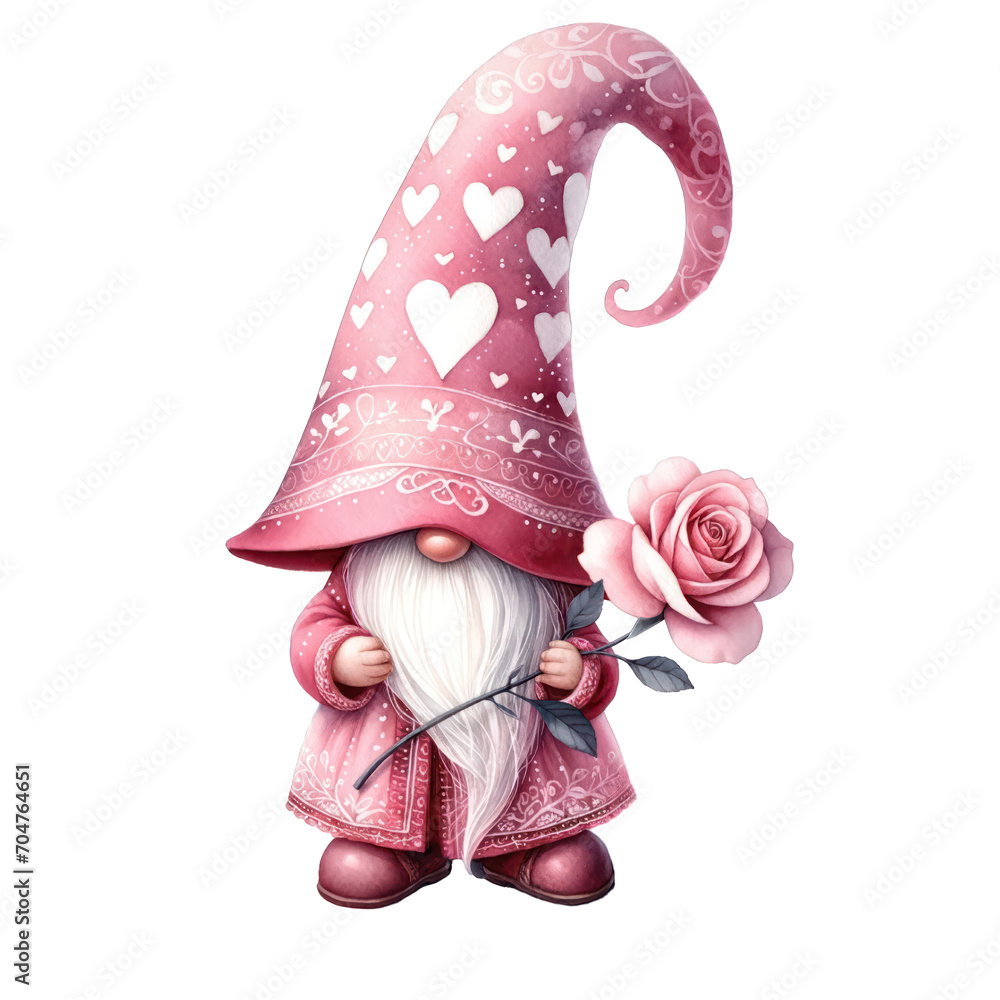 Valentines Gnome Watercolor, Cute Red and Pink Love Gnome