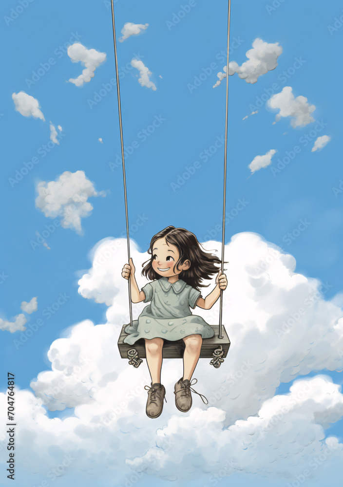 Cute children playing on the swing children's illustration
