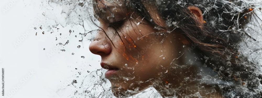 Woman's face dispersing into particles, symbolizing the dispersal of identity in mental health challenges.