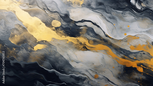 Gold and Charcoal Gray overflowing colors. Liquid acrylic picture that flows and splash. Fluid art texture design. Background with floral mixing paint effect. Mixed paints for posters or wallpapers