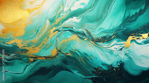 Fluid art texture design. Background with floral mixing paint effect. Mixed paints for posters or wallpapers. Gold and Emerald Green overflowing colors. Liquid acrylic picture that flows and splash photo