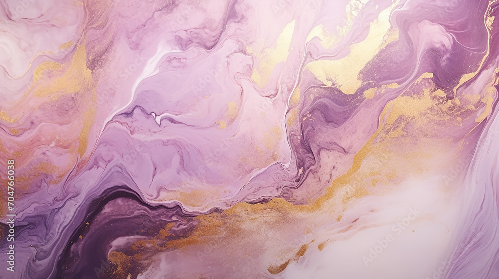 Fluid art texture design. Background with floral mixing paint effect. Mixed paints for posters or wallpapers. Gold and Lilac overflowing colors. Liquid acrylic picture that flows and splash