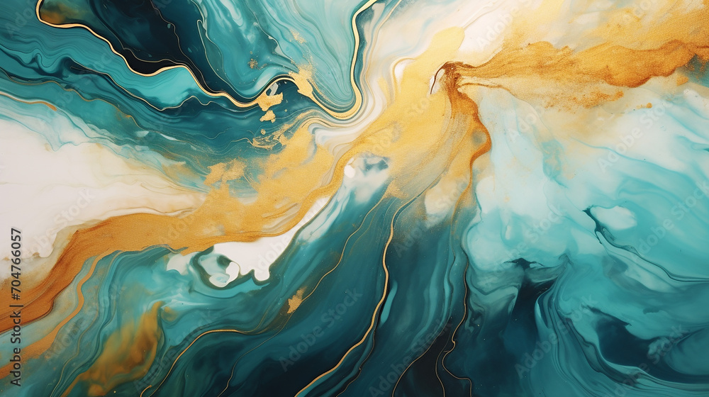 Gold and Turquoise overflowing colors. Liquid acrylic picture that flows and splash. Fluid art texture design. Background with floral mixing paint effect. Mixed paints for posters or wallpapers - obrazy, fototapety, plakaty 