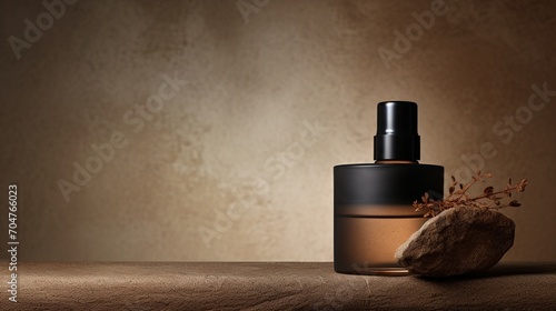 A cosmetic bottle positioned against a textured backdrop, creating an interesting contrast.