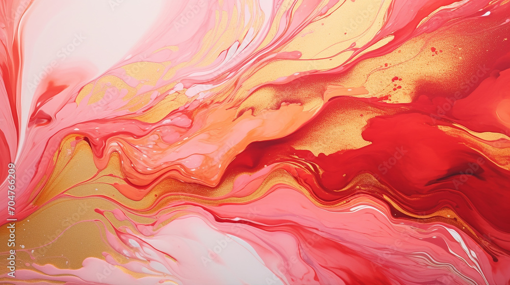 Fluid art texture design. Background with floral mixing paint effect. Mixed paints for posters or wallpapers. Gold and ruby red overflowing colors. Liquid acrylic picture that flows and splash