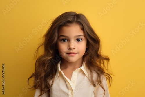 Portrait of a cute little girl with long hair on yellow background