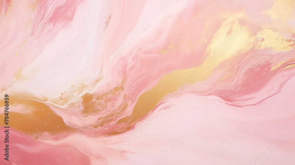Gold and Rose Pink overflowing colors. Liquid acrylic picture that flows and splash. Fluid art texture design. Background with floral mixing paint effect. Mixed paints for posters or wallpapers