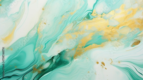 Fluid art texture design. Background with floral mixing paint effect. Mixed paints for posters or wallpapers. Gold and Mint Green overflowing colors. Liquid acrylic picture that flows and splash