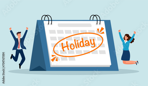 Company holiday for employee to take a break and recharge. Employee long holiday happiness concept. Business people with big calendar jumping with joy to celebrate long holiday.