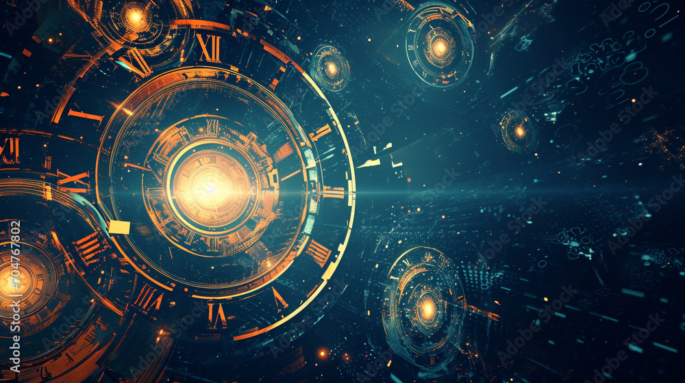 The concept of time through the use of clock motifs and futuristic time travel technology abstract background generated by ai The concept of time through the use of clock motifs and futuristic time travel technology abstract background generated by ai