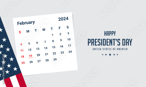 Background design for President's day with United States flag and february 2024 calendar.