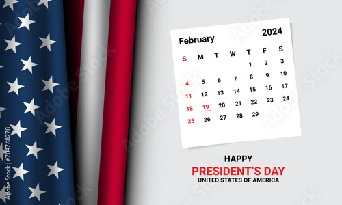 Background design for President's day with United States flag and february 2024 calendar.