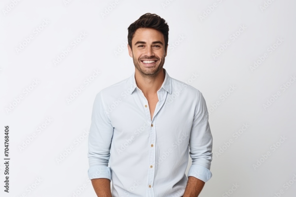 Portrait of handsome young man smiling and looking at camera while standing against white background Portrait of handsome young man smiling and looking at camera while standing against white background