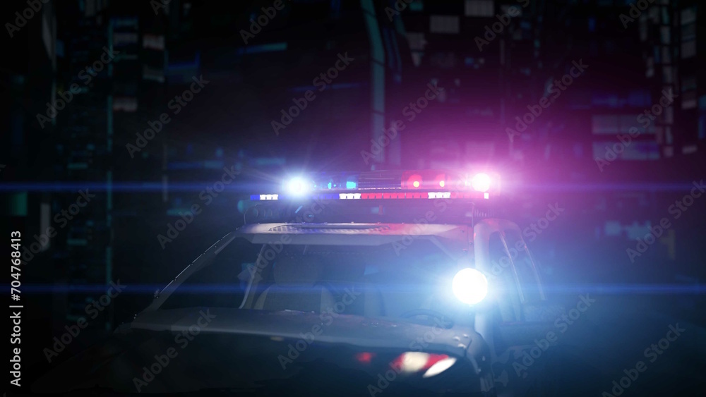 Fototapeta premium Police car at night パトカー 夜 回転灯 赤色灯 アメリカ 3D CG Rendered Images