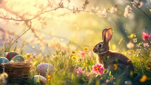 Easter holiday celebration season background with cute long ears bunny family and colorful eggs decorations and wooden basket in flowers field garden forest rabbits little fluffy hare playing together