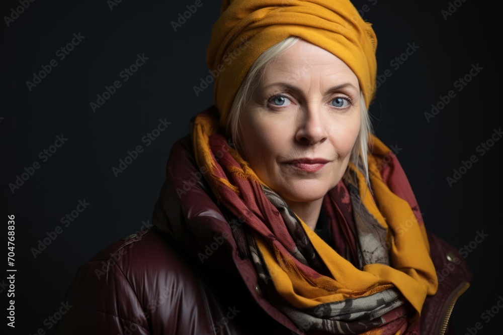 Portrait of a beautiful senior woman in a yellow hat and scarf. Portrait of a beautiful senior woman in a yellow hat and scarf.